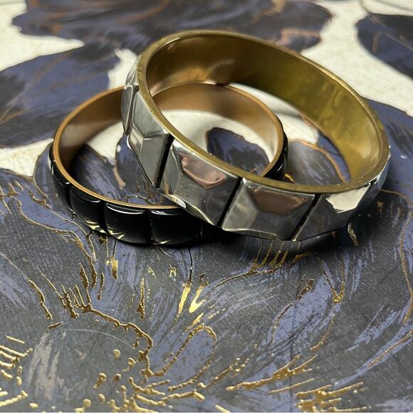 Vintage 80s 1980s Wide Silver Metal Brass Black Enamel Bangle Bracelets Set D1 - Picture 1 of 7